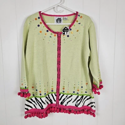 Nuevo Cárdigan Mediano Libro de Cuentos Tejido Verde Borde Rosa Estampado de Cebra Cremallera Completa Lentejuelas Foto 1 de 4