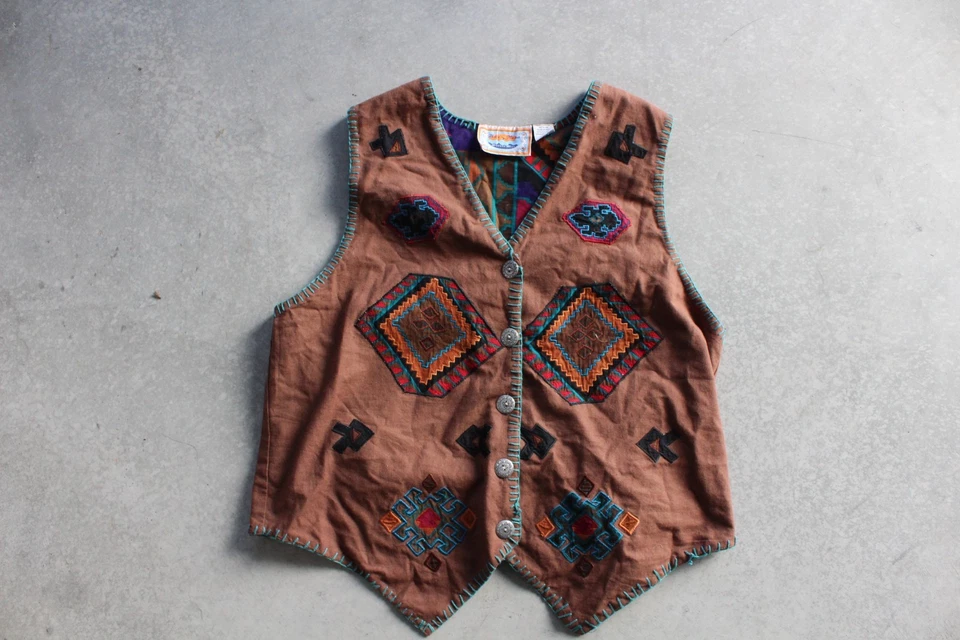 Винтажный мужской жилет Aztec большой коричневый юго-запад западное ранчо геометрическое родео 90-е - Изображение 1 из 4