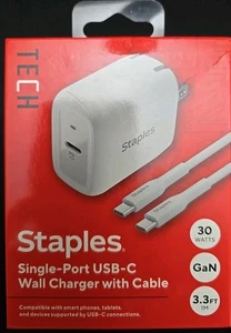 Staples TECH GaN USB-C Wall Charger with Cable 30W White (ST62325-CC) - Picture 1 of 2