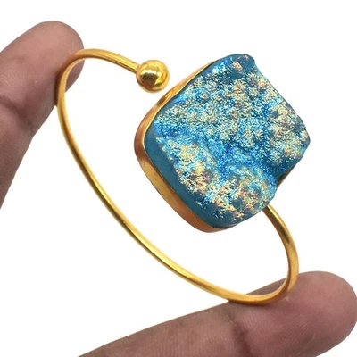 Sparkly Blue Druzy Quartz Bangle Gold Plated Women's Bracelet Jewelry c201 - Image 1 of 4