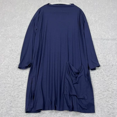 Eileen Fisher 中号连身裙 蓝色弹力粘纤汗布漏斗3/4袖口袋 — 第 1/4 张图片