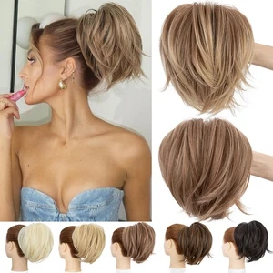 Real Claw Ponytail Bun Piece Clip in on Pony Tail Short Hair Extensions as Human - Picture 1 of 26