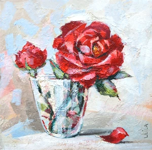 Garden Roses Original Oil Painting 8"x8" Red Flowers Floral art - Picture 1 of 7