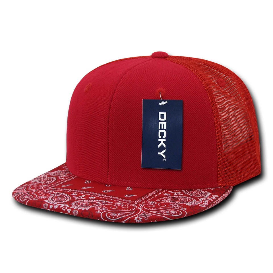DECKY 6 Panel Flat Bill Bandana Print Trucker Mesh Snapback Hat Cap 1083 Red/Red One Size