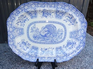 Vintage Spode Victorian Style Blue & White Transferware Thanksgiving Platter - Picture 1 of 6