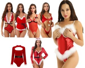 Women Xmas Bodysuit Sexy Lace Up Lingerie Thong Babydoll Christmas Costume Set 