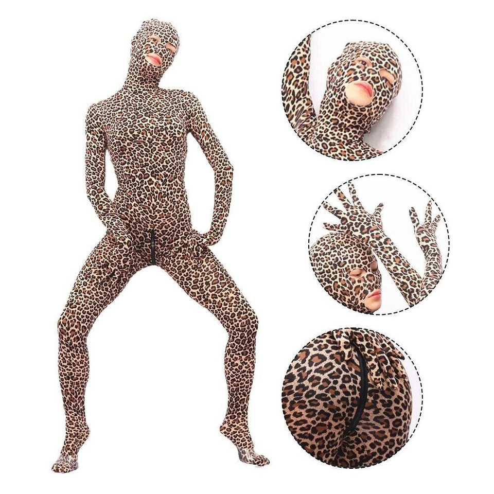 Full Body Stocking Leopard Print Bodysuit Catsuit Attached Gloves Hood Zentai - Image 1 of 4