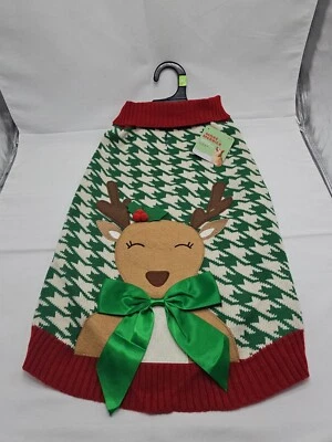 More & Merrier Christmas Green And Red Reindeer Pet Sweater XL(20-24 In) - Image 1 of 4