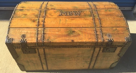 Large Antique 19th Century Pine Trunk Dowry Chest Tack Decorated Cover