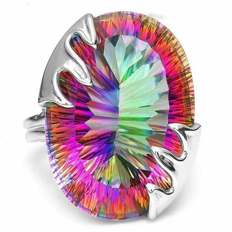 925 Silver Ring Huge 8.9CT Women Men Cocktail Mystic Rainbow Topaz - Image 1 of 4