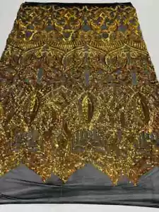 Royalty Design Sequins - Gold - 4 Way Stretch Design on Mesh By Yard - Picture 1 of 4
