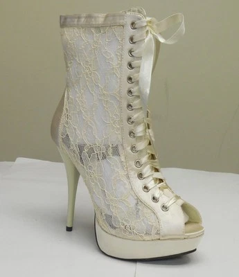 Женские кружевные сетчатые туфли на каблуке с открытым носком цвета слоновой кости De Blossom Mandy-35 - Изображение 1 из 4