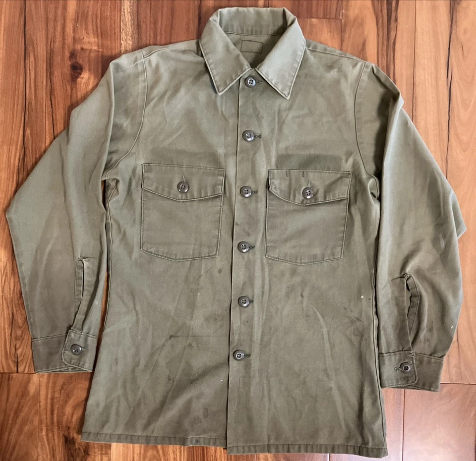 Vintage US Army Field Shirt Cotton Vietnam? 1960s 70s Military Gree WORN 19x28.5 - Image 1 of 4