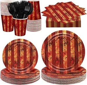 144 Pieces Halloween Creepy Carnival Table Decorations Red Striped Tableware ... - Picture 1 of 2