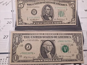 1950 B $5 Five Dollar Federal Reserve /1969 B One Dollar note - Picture 1 of 5
