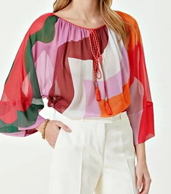 Blusa túnica Etro estampado abstracto barco borla corbata cuello semisheer talla XL-IT 42 $990 Foto 1 de 4