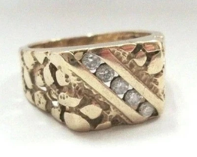 Beautiful Solid 14K Yellow Gold Nugget Signet Ring w/ Diamonds 0.25 ctw  Sz 8.25 - Image 1 of 4