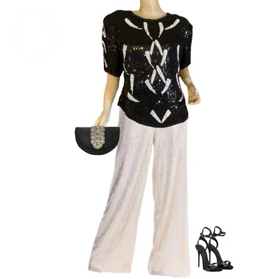 DE COLECCIÓN CIRCA AÑOS 80 BLANCO Y NEGRO SEDA LENTEJUELAS Y CUENTAS TOP TALLA MEDIANA Foto 1 de 4