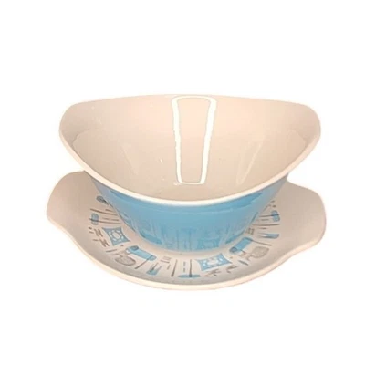 Tazón y platillo estilo vintage Blue Heaven azul blanco decoración de cocina atómica Foto 1 de 2