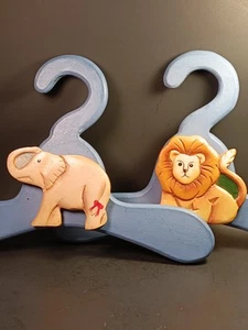2- Safari Animal Wooden Child Hangers Lion Elephant Hand Painted - Picture 1 of 6