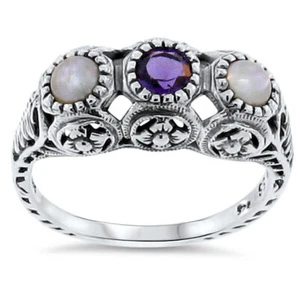 GENUINE AMETHYST PEARL VICTORIAN STYLE 925 STERLING SILVER THREE-STONE RING 151X - Picture 1 of 22