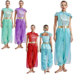 Womens Halloween One Piece Costume Overlay Rompers Queen Arabian Princess Shiny - Picture 1 of 56