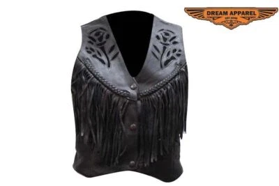 Black Women's Leather Vest Motorcycle Biker Black Rose Inlay Waistcoat - Image 1 of 4