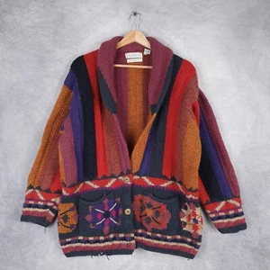 Vintage Cardigan Sweater Womens Medium Floral Multi Strip Chunky Handknit - Picture 1 of 24