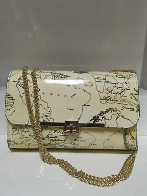 Women Ladies Italian Genuine Leather Vintage Map Chain Cross Body Shoulder Bag-