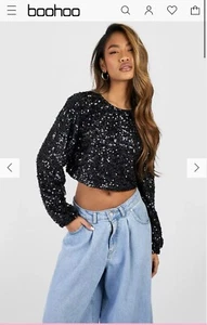 Black Sequin Chain Back Detail Long Sleeve Top Size 12 - Picture 1 of 4