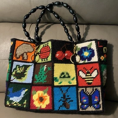 Completed Columbia Minerva Needlepoint Bob Miller Ecology Tote Bag 70s Purse Vtg - Image 1 of 4
