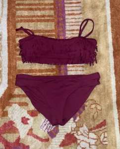 Becca by Rebecca Virtue Fringe Bandeau Bikini Top + Fan Side Bottoms Cabernet M - Picture 1 of 3