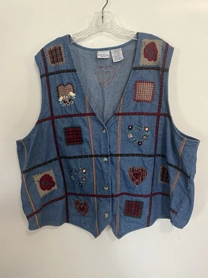 Bobbie Brooks woman size 22/24 denim vest patchwork fall hearts - Image 1 of 4