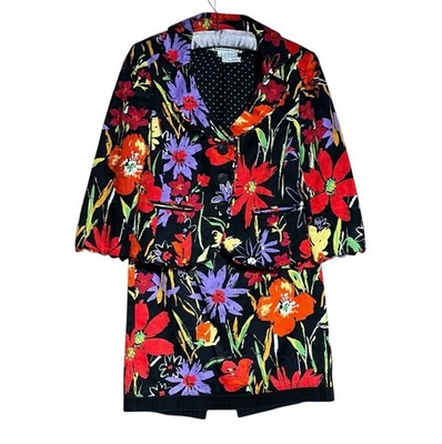 Carlisle Seda Algodón 2 Piezas Negro Rojo Floral Blazer Falda Conjunto Talla 10/12 Foto 1 de 4