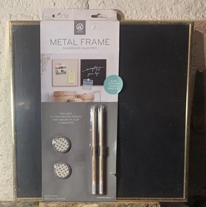 New Magnetic Black Chalkboard 14x14 Gold Trim Frame With 2 Chalks & Magnets - Picture 1 of 18