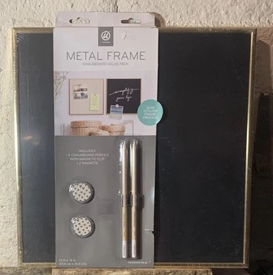 New Magnetic Black  Chalkboard 14x14 Gold Trim Frame With 2 Chalks & Magnets - Image 1 of 4