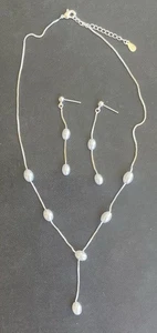 2pc S925 Silver Pearl Lariat Necklace Dangle Drop Earrings Set Minimalistic - Picture 1 of 8