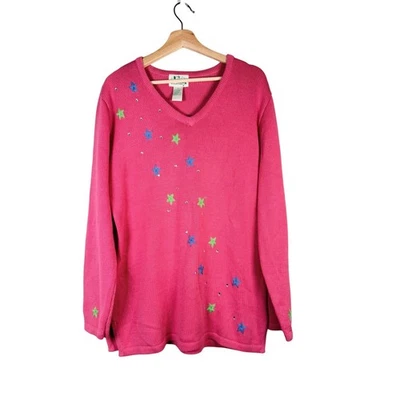 The Quaker Factory Pink Star Sequin V Neck Long Sleeve Sweater Knit Top size M - Image 1 of 4