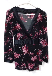 Women's NEW YORK & COMPANY 100% Nylon Black Red White Floral Blouse Tie Back XL - Picture 1 of 5