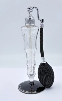 Antique Art Deco Chrome and Etched Clear & Black Glass Perfume Atomizer - Image 1 of 4