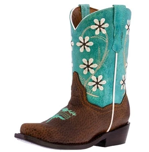 Kids Cowboy Boots Teal Flower Leather Ranch Snip Rodeo Wear Size 7, 8, 12, 13, 2 - Picture 1 of 6