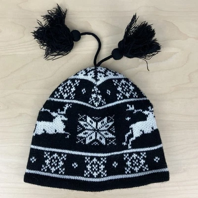 Gorro de invierno de mezcla de lana resistente a la intemperie borlas blanco y negro reno nórdico  Foto 1 de 4