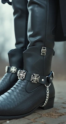 Motociclista Hombres Bota Occidental Cadena Plateada Par Cuero 2 Correas Iglesia Cruz Dije Banda Foto 1 de 4