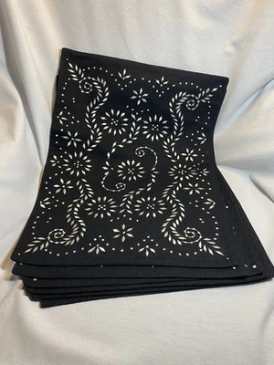 6 NEW Crate&Barrel Seville BLACK W/WHITE EMBROIDERED placemats 19” X 14”NEW - Image 1 of 4