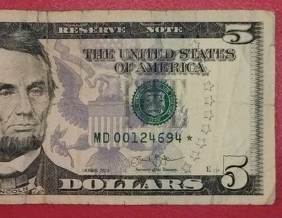 $5 Five Dollar Star Note 320K Run Size/Total Printed Serial # MD00124694* 2013 - Image 1 of 4