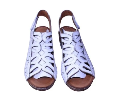 Spring Step White Laser-Cut Wedge Sandals With Adjustable Strap & Cork Heel Wome - Image 1 of 4