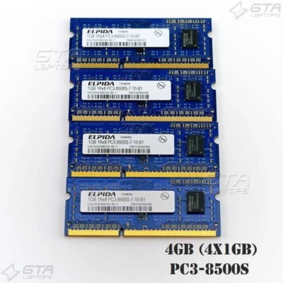 4GB (4X1GB) Elpida Laptop Memory Ram 1Rx8 PC3-8500S DDR3-1066 EBJ10UE8BDS0-AE-F - Image 1 of 2