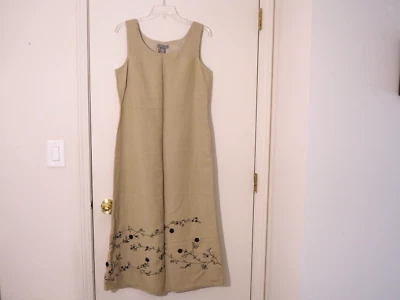 Vestido Largo KENAR Caqui Mezcla Lino Negro Bordado Cuentas Cuello Redondo Forrado Talla 8 Foto 1 de 4