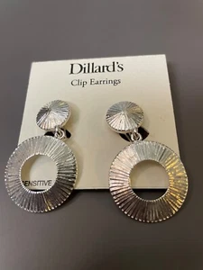 Dangle Silver-Tone Earrings Clip Circles Drop Sensitive - Picture 1 of 9