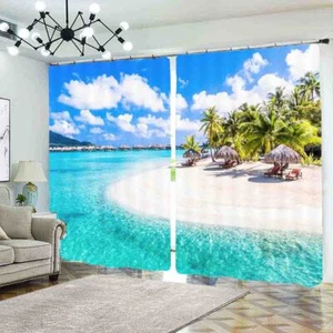 White Beach Season Lines 3D Blockout Photo Print Curtain Fabric Curtains Window - Bild 1 von 10